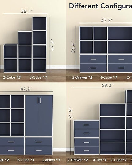 Apexa 3-Tier Cube Storage Organizer Shelves, Stackable Wood Bookcase Fits Cubby Bins for Organization, Dorm Teen Room Decor & Home Office, Steel Blue - LeafyLoom