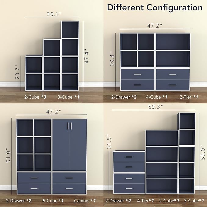 Apexa 2-Tier Cube Storage Organizer Shelves, Stackable Wood Bookcase Fits Cubby Bins for Organization, Dorm Teen Room Decor & Home Office, Steel Blue - LeafyLoom