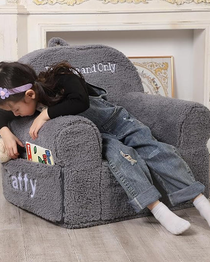 Personalized Kids Chair, High Back Toddler Sherpa Chair, Customize with Name, Grey - LeafyLoom