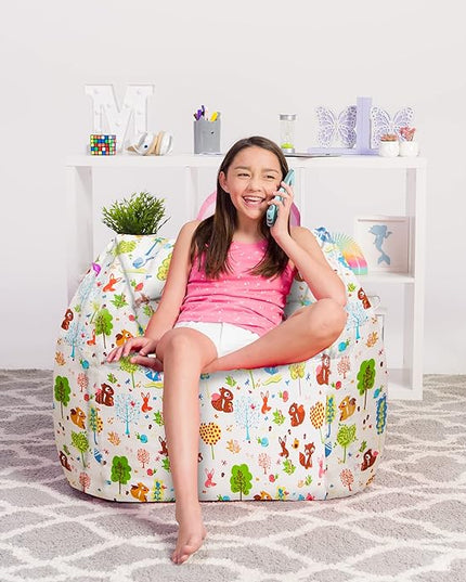 Posh Creations Structured Comfy Bean Bag Chair for Gaming, Reading, and Watching TV, Coronado Chair, Canvas - Forest Critters on White - LeafyLoom