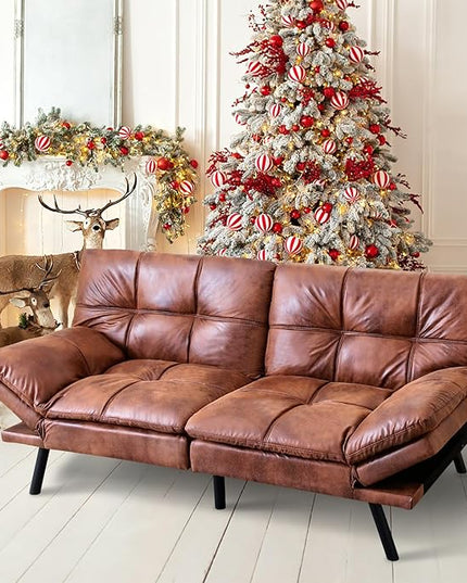 MUUEGM Futon Sofa Bed Memory Foam Convertible Sleeper Couch,Modern Faux Leather Folding Love seat for Living Room,Compact Space,Apartment,Office,Dorm,71" Dx33 Wx31.5 H, Brown - LeafyLoom