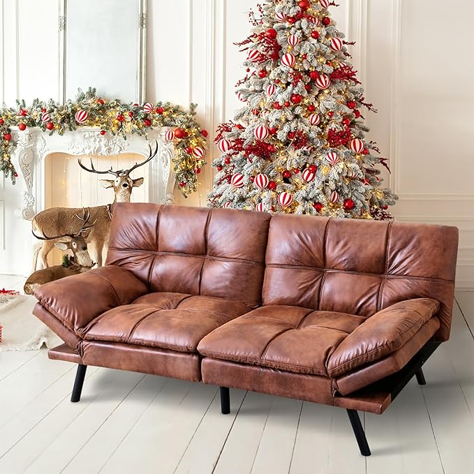 MUUEGM Futon Sofa Bed Memory Foam Convertible Sleeper Couch,Modern Faux Leather Folding Love seat for Living Room,Compact Space,Apartment,Office,Dorm,71" Dx33 Wx31.5 H, Brown - LeafyLoom