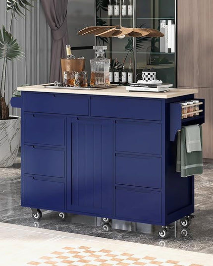 Kitchen Island on Lockable Wheels, Mobile Kitchens Cart with Rubber Wood Countertop, w/Drawer and Storage Cabinet for Dining Room, Bar - LeafyLoom