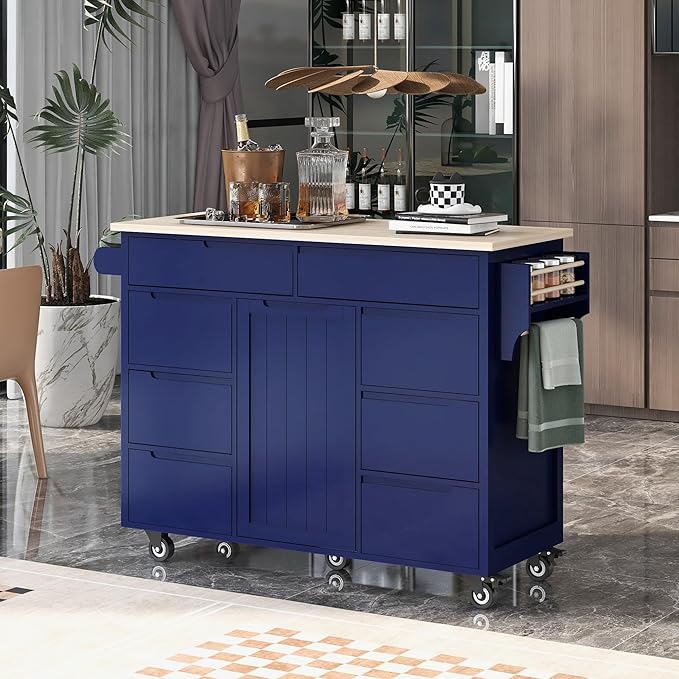 Kitchen Island on Lockable Wheels, Mobile Kitchens Cart with Rubber Wood Countertop, w/Drawer and Storage Cabinet for Dining Room, Bar - LeafyLoom