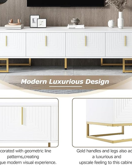 Merax Modern Stand with Metal Legs, Gold Handles, Geometric Lines and Adjustable Shelves for TVs Up to 80'' Media Console Table, Luxury Storage Cabinets for Living Room, 70.8" Length, White - LeafyLoom