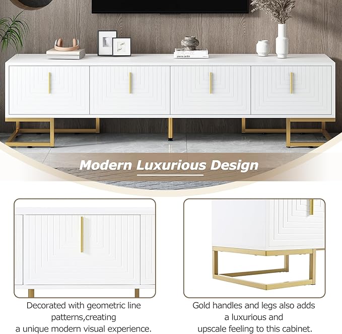 Merax Modern Stand with Metal Legs, Gold Handles, Geometric Lines and Adjustable Shelves for TVs Up to 80'' Media Console Table, Luxury Storage Cabinets for Living Room, 70.8" Length, White - LeafyLoom