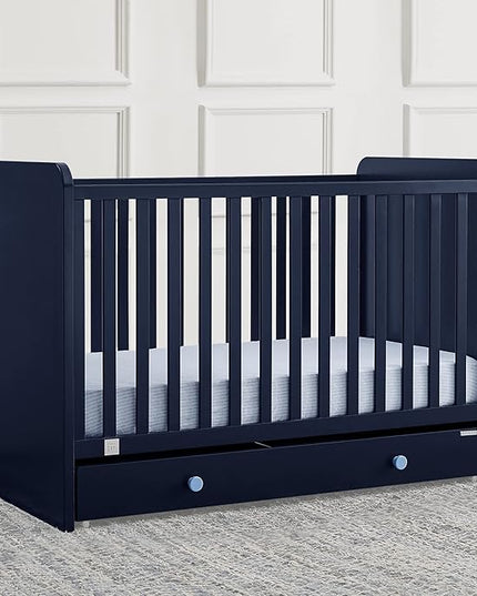 Delta Children babyGap Graham 4-in-1 Convertible Crib with Storage Drawer + Brannan Bear Bookcase with Bins + Brannan Bear Wall Shelf with 4 Hooks, Navy/Light Blue (Bundle) - LeafyLoom