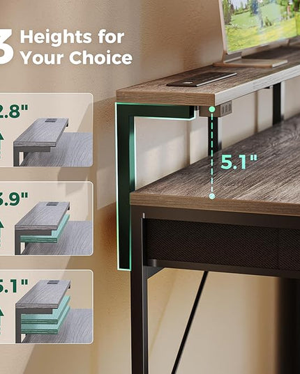 Gaming Desk with 6 Drawers, Computer Desk with LED Lights Power Outlets and Type-C, 47 Inch Office Desk with Storage, Monitor Stand, Writing Desk Work Desk for Home Office, Bedroom, Study, Grey - LeafyLoom