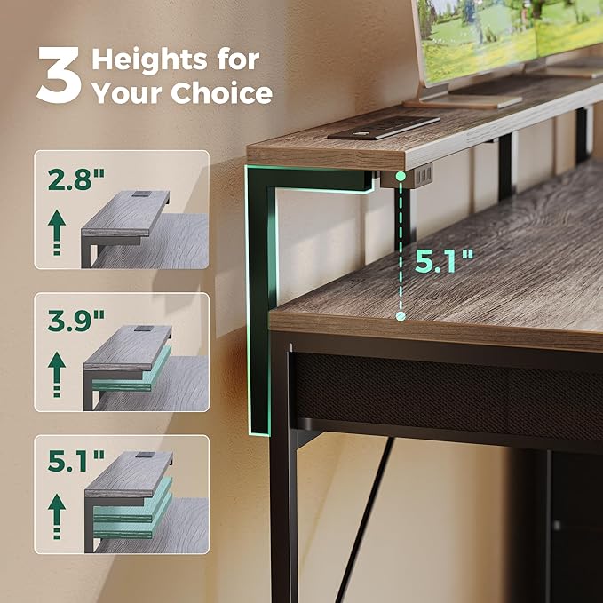 Gaming Desk with 6 Drawers, Computer Desk with LED Lights Power Outlets and Type-C, 47 Inch Office Desk with Storage, Monitor Stand, Writing Desk Work Desk for Home Office, Bedroom, Study, Grey - LeafyLoom