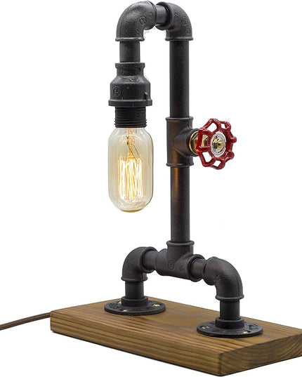 Loft Style Lamp with Dimmer, Dimmable Steampunk Industrial Vintage Antique Light, Wood Base with Iron Piping Desk Lamp, Y-Nut “Zhang Fei” Retro Desk Lamp LL-021 - LeafyLoom