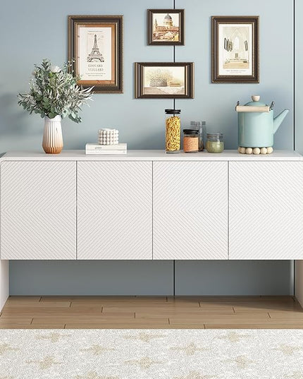 60" L Large Storage Space Sideboard with 4 Doors,Elegant Minimalist Style Buffet Cabinet,W/Adjustable Shelves and Rebound Device,Console Table for Living Room Entryway Kitchen,White - LeafyLoom