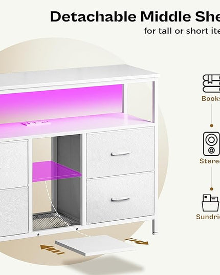 TV Stand Dresser with Power Outlets and LED Lights, 4 Drawers Entertainment Center with Open Shelf, Media Console for 50 43 Inch TV, Dresser with PU Finish, White - LeafyLoom