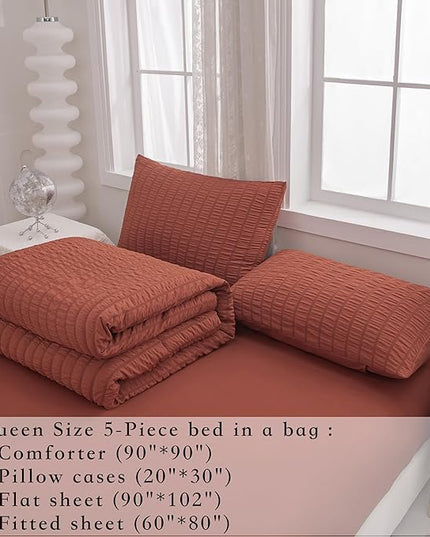 Burnt Orange Comforter Set Queen,Queen Sized Comforter Bedding Set, Burnt Orange Terracotta Bedding Set Queen Size,5 Pcs Lightweight Microfiber Bed Set - LeafyLoom