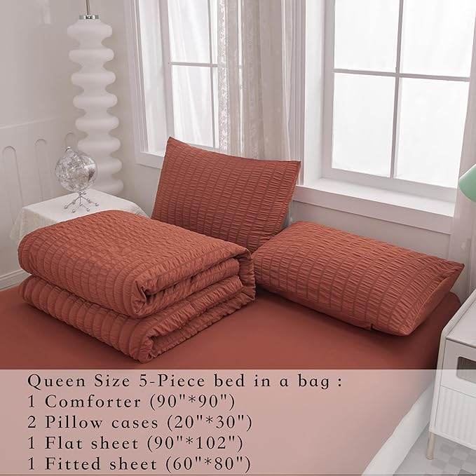 Burnt Orange Comforter Set Queen,Queen Sized Comforter Bedding Set, Burnt Orange Terracotta Bedding Set Queen Size,5 Pcs Lightweight Microfiber Bed Set - LeafyLoom