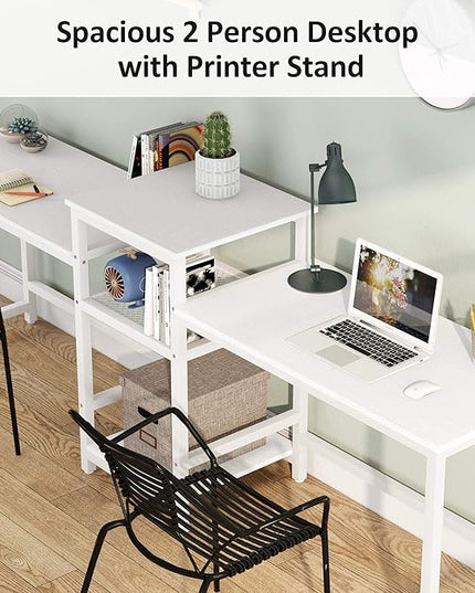 Tribesigns 96.9" Double Computer Desk with Printer Shelf, Extra Long Two Person Desk Workstation with Storage Shelves, Large Office Desk Study Writing Table for Home Office, White - LeafyLoom