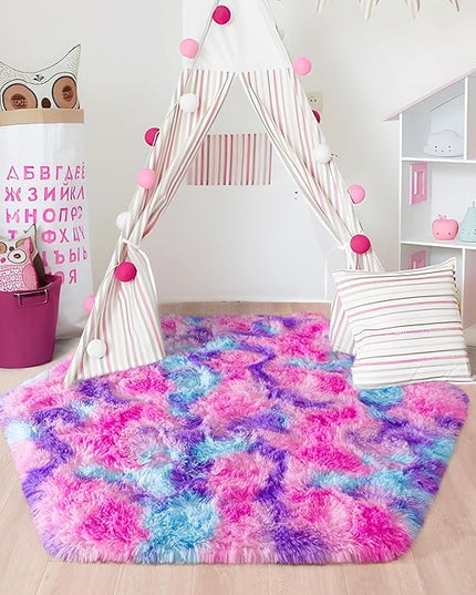 junovo Ultra Soft Hexagon Rug Fluffy Rainbow Nursery Rug for Princess Tent Kids Play Castle, Furry Hexagonal Carpet for Kids Girls Room Playhouse Classroom Dorm Home Decor, 4.6ft Tie-Dye Hot-Pink - LeafyLoom
