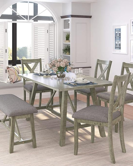Dining Room Table Set for 6, Wood Kitchen Table Set with 4 Upholstered Chairs & 1 Padded Bench, 6-Piece Rustic Style Dining Table and Chairs for Kitchen, Dining Room, Grey Green - LeafyLoom