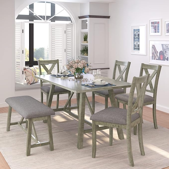 Dining Room Table Set for 6, Wood Kitchen Table Set with 4 Upholstered Chairs & 1 Padded Bench, 6-Piece Rustic Style Dining Table and Chairs for Kitchen, Dining Room, Grey Green - LeafyLoom
