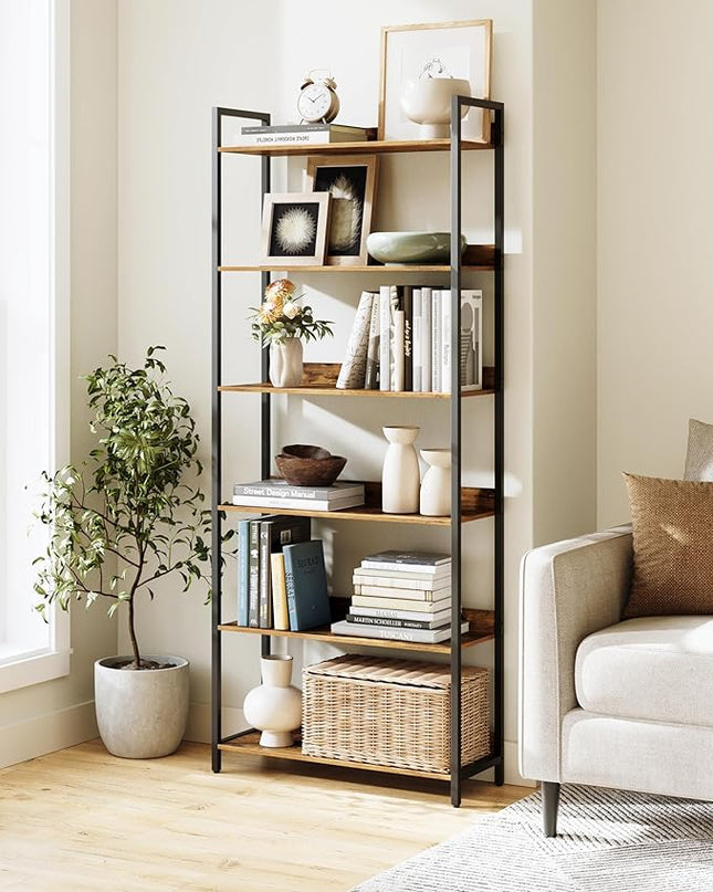 6-Tier Bookshelf, Large Bookcase with Open Shelves, Tall Book Shelf Coner Shelf for Living Room, Bedroom, Home Office, Study, Bathroom,11.5 x 29.9 x 72.6 Inches, Rustic Brown and Black - LeafyLoom