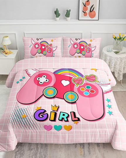 Datura home Bedding Comforter Set Pink Gamepad Printed Pattern Quilt with 1 and 2 Pillowcases for Girls Bedroom All Season(Pink Queen) Queen 90x90inches - LeafyLoom