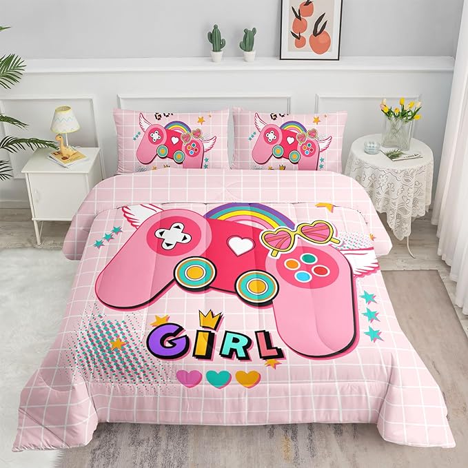 Datura home Bedding Comforter Set Pink Gamepad Printed Pattern Quilt with 1 and 2 Pillowcases for Girls Bedroom All Season(Pink Queen) Queen 90x90inches - LeafyLoom