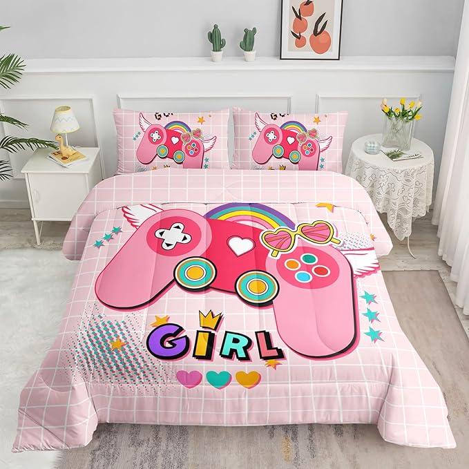 Datura home Bedding Comforter Set Pink Gamepad Printed Pattern Quilt with 1 and 2 Pillowcases for Girls Bedroom All Season(Pink Twin) Twin 68x86inches - LeafyLoom