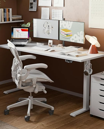 Electric Standing Desk, Large 63 x 24 Inches Height Adjustable Desk, Sit Stand up Desk for Work Office Home, Splice Board, White - LeafyLoom