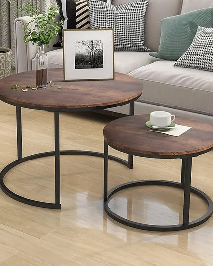 Industrial Round Coffee Table Set of 2 End Table for Living Room,Stacking Side Tables, Sturdy and Easy Assembly,Wood Look Accent Furniture with Metal Frame,Black+Rustic Brown - LeafyLoom