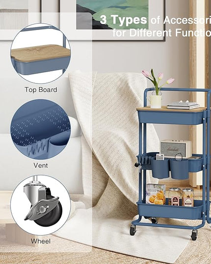 DTK 3 Tier Utility Cart with Cover Board, Rolling Cart with Lockable Wheels, Cups, Hooks for Home Office, Art Craft Storage, Home School Organization and More Uses(Blue) - LeafyLoom