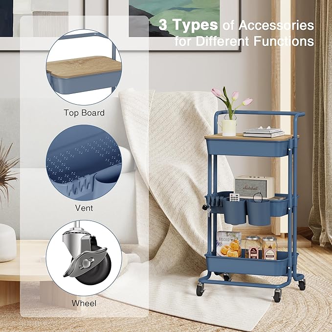 DTK 3 Tier Utility Cart with Cover Board, Rolling Cart with Lockable Wheels, Cups, Hooks for Home Office, Art Craft Storage, Home School Organization and More Uses(Blue) - LeafyLoom
