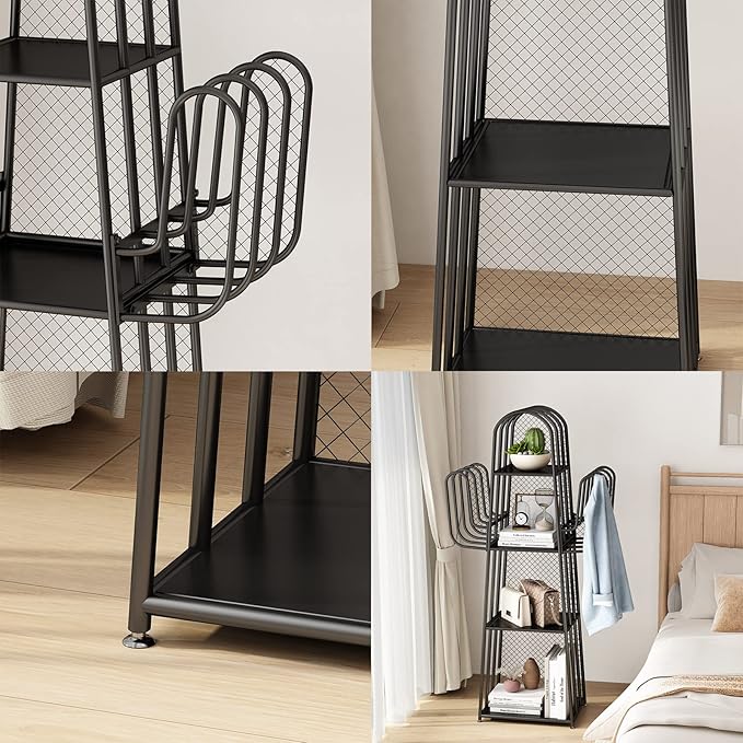DOORXIF 4-Tier Industrial Bookshelf Freestanding, Cactus Bookcase Storage Organizer Closet Corner Metal Display Cabinet, Corner Black Bookshelf for Small Spaces, Industrial Bookcase for Bedroom Office - LeafyLoom
