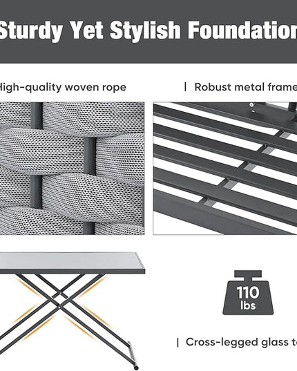 5-Piece Woven Rope Outdoor Patio Furniture Sets, L-shaped Conversation Sectional Sofa with Loveseat, Corner Couch, Glass Table and Removable Cushions, for Garden Backyard, Onesize, Gray+Beige - LeafyLoom