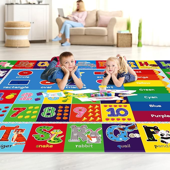 Baby Play Mat Kids Rug for Playroom, Floor Mat for Toddlers, Playtime Collection ABC, Numbers, Animals Educational Area Rugs for Kids Room Classroom ( 78.7X 59 Inch) - LeafyLoom