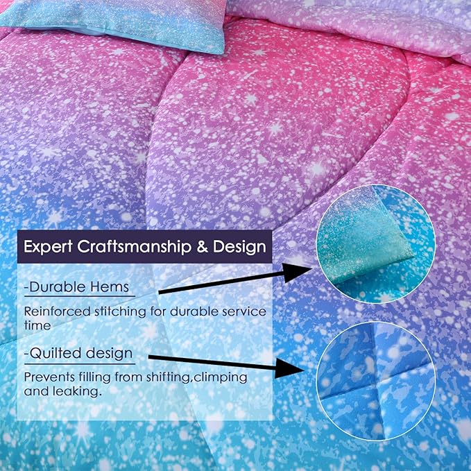 JQinHome Glitter Comforter Set Twin Size,6 Piece Bed in A Bag 3D Colorful Duvet Pink Blue Bedding Sets for Girls Kids - (1 Comforter,2 Pillowcases, 1 Flat Sheet, 1 Fitted Sheet, 1 Cushion Cover) - LeafyLoom