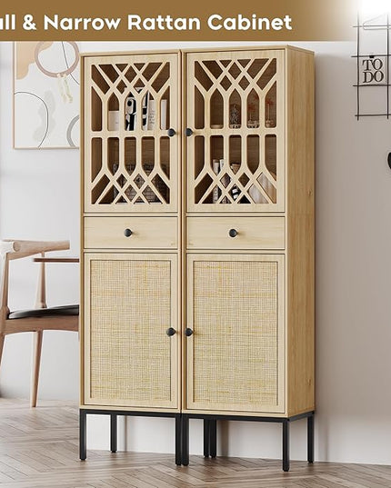 Brafab Set of 2 Tall Cabinet Narrow Storage Linen Cabinet Tall Sideboard Rattan Woven Door Fretwork Pattern Door 1 Drawer - LeafyLoom