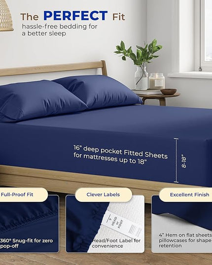 THREAD SPREAD 600 Thread Count Sheets Queen - 100% Egyptian Cotton Sheets Queen Size, 4 PC Luxury Sheets Queen Size, Soft, Cooling, Extra Long Staple 16" Deep Pocket Queen Bed Sheet Set - Navy Blue - LeafyLoom