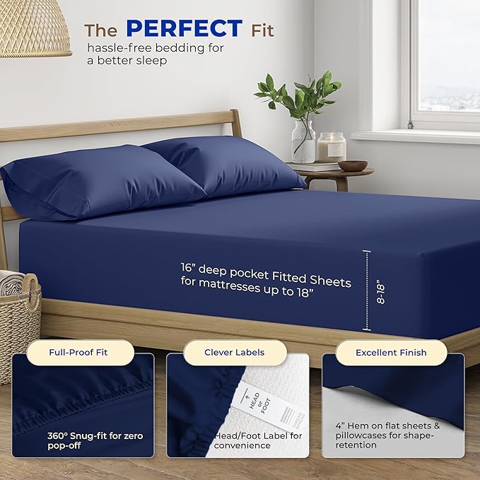 THREAD SPREAD 600 Thread Count Sheets Queen - 100% Egyptian Cotton Sheets Queen Size, 4 PC Luxury Sheets Queen Size, Soft, Cooling, Extra Long Staple 16" Deep Pocket Queen Bed Sheet Set - Navy Blue - LeafyLoom