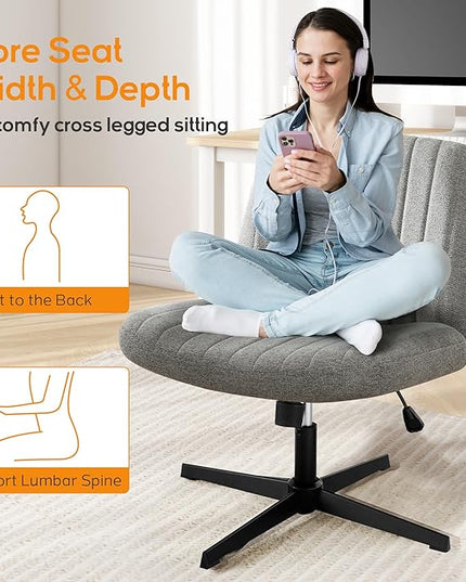 Criss Cross Chair, Cross Legged Office Chair, Wide Comfty Desk Chair, No Wheels Armless Computer Task Chair, Swivel Vanity Home Chair, Height Adjustable - LeafyLoom