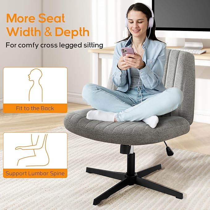 Criss Cross Chair, Cross Legged Office Chair, Wide Comfty Desk Chair, No Wheels Armless Computer Task Chair, Swivel Vanity Home Chair, Height Adjustable - LeafyLoom