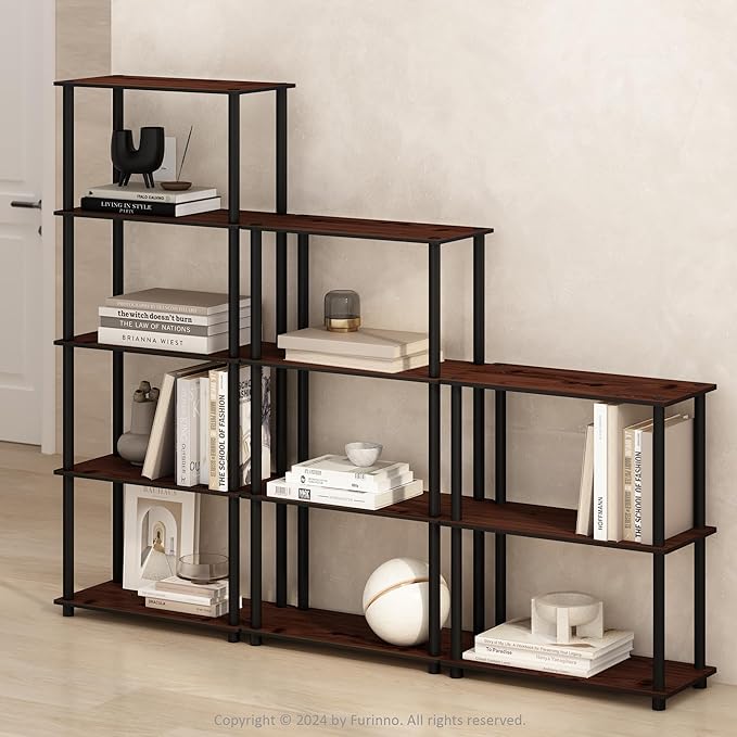 Furinno Turn-N-Tube 5-Tier Multipurpose Compact Display Rack, Shelving Unit, Bookcase, Dark Cherry/Black - LeafyLoom
