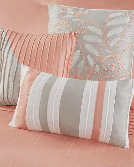 Madison Park Amherst Faux Silk Comforter Set - Casual Contemporary Design, All Season Down Alternative Bedding, Matching Shams, Bedskirt, Decorative Pillows, Cal King(104"x92"), Coral 7 Piece - LeafyLoom