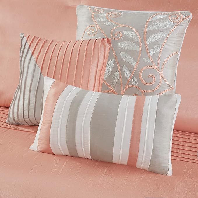 Madison Park Amherst Faux Silk Comforter Set - Casual Contemporary Design, All Season Down Alternative Bedding, Matching Shams, Bedskirt, Decorative Pillows, Cal King(104"x92"), Coral 7 Piece - LeafyLoom