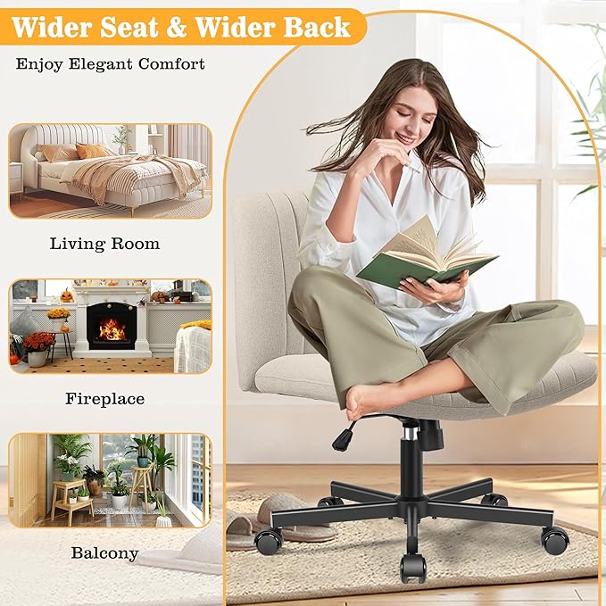 Armless Office Chair with Wheels, Ergonomic Wide Seat Fabric Cross Legged Desk Chair, Swivel Computer Chair for Home Office, Modern Vanity Chair Beige - LeafyLoom