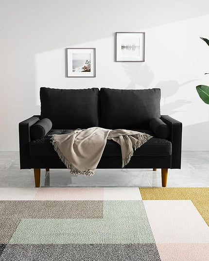 Velvet Furniture for Small Spaces, Mid-Century Modern Loveseats for Living Room, Love Seat Couch Sofas, 58 Inches, Black - LeafyLoom