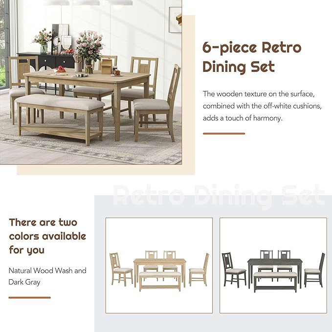 6-Piece Retro Dining Set, Minimalist Rectangular Table and 4 Upholstered Chairs & 1 Bench with a Shelf for Kitchen Living Room, Natural Wood Wash, 60" L x 43" W x 30" H - LeafyLoom