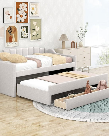 Merax Twin Size Upholstered Daybed with Trundle and Three Storage Drawers, Comfy Sofa-Bed & Padded Backrest for Living Room, Guest Room, Apartments, Both Side Armrests, Solid Wood Slats Support, Beige - LeafyLoom