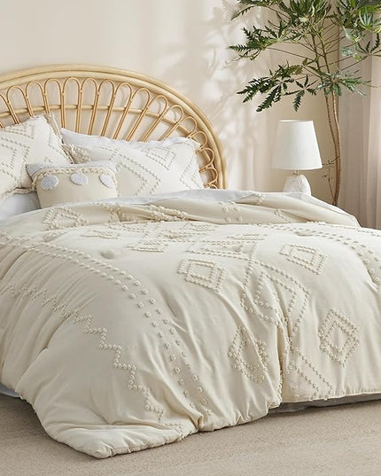 Bedsure Boho Comforter Set Twin - Beige Tufted Bedding Comforter Set, 2 Pieces Farmhouse Shabby Chic Embroidery Bedding Set, Soft Geometric Pattern Comforter for All Seasons - LeafyLoom