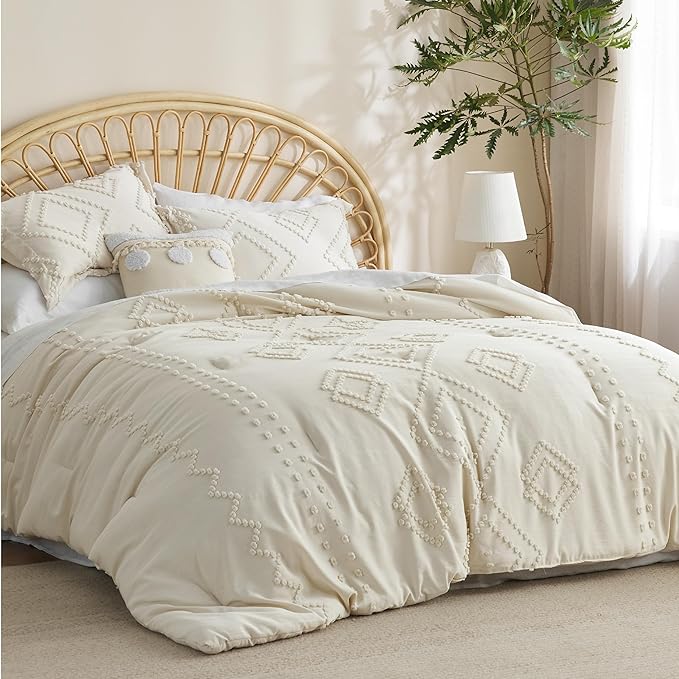 Bedsure Boho Comforter Set Twin - Beige Tufted Bedding Comforter Set, 2 Pieces Farmhouse Shabby Chic Embroidery Bedding Set, Soft Geometric Pattern Comforter for All Seasons - LeafyLoom
