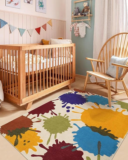 Art Bedroom Rug, 4'x6' Machine Washable Kids Rug for Playroom, Paint Splash Rainbow Area Rug for Classroom, Soft Colorful Living Room Rug Throw Play Mat for Nursery Office Preschool - LeafyLoom