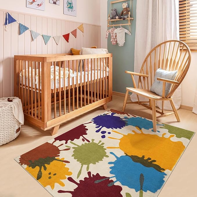 Art Bedroom Rug, 4'x6' Machine Washable Kids Rug for Playroom, Paint Splash Rainbow Area Rug for Classroom, Soft Colorful Living Room Rug Throw Play Mat for Nursery Office Preschool - LeafyLoom